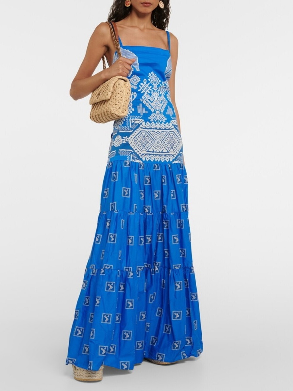 Johanna Ortiz Blue and White Embroidered Maxi Dress
